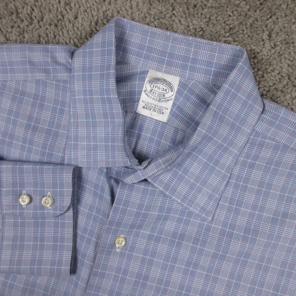Vintage Brooks Brothers Shirt Mens‎ XL 17.5 34 Blue Plaid Makers Dress Button Up